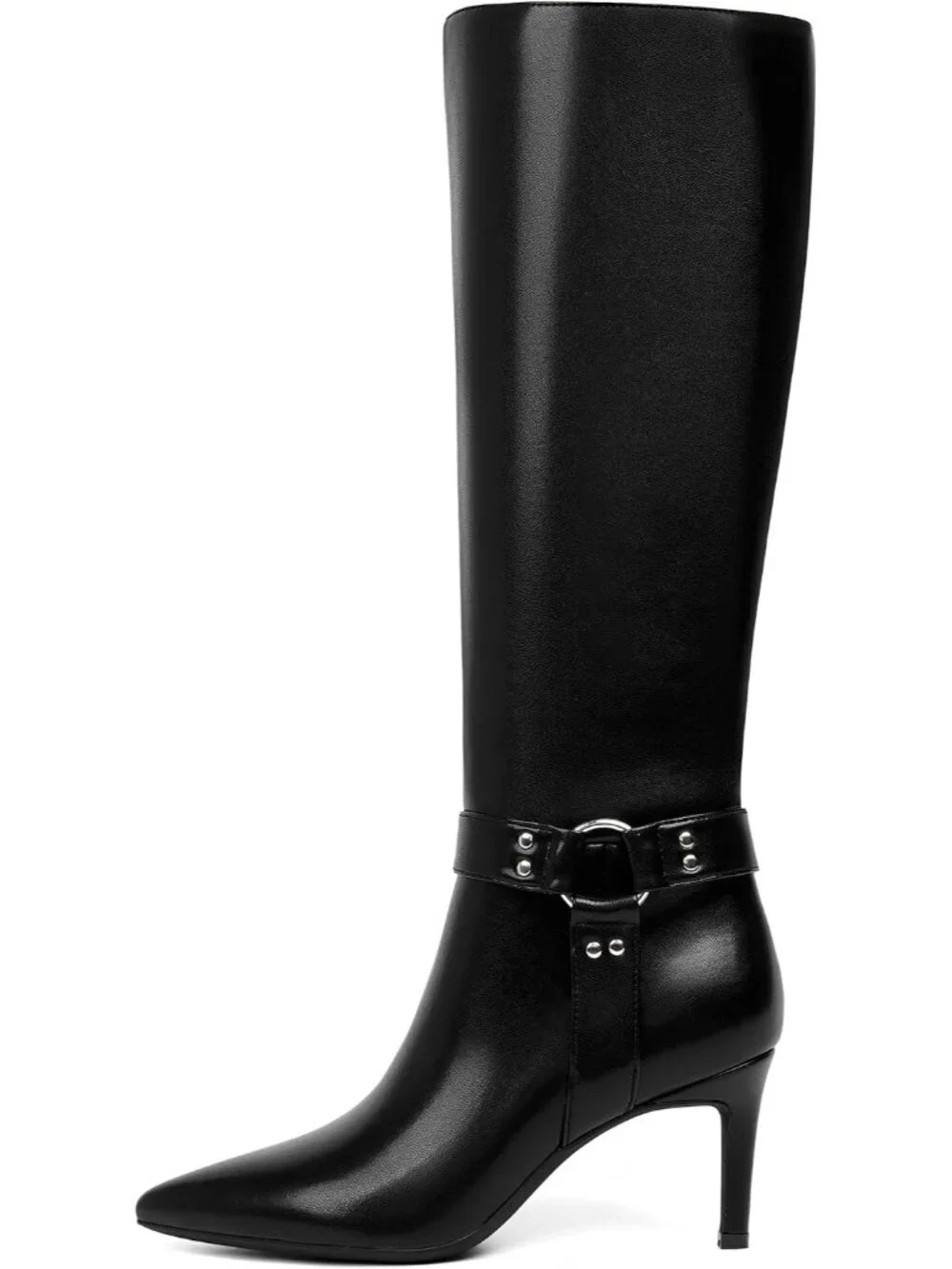 Women's Black Buckle Pointed Toe Faux Leather Stiletto Heel Over The Knee Boots